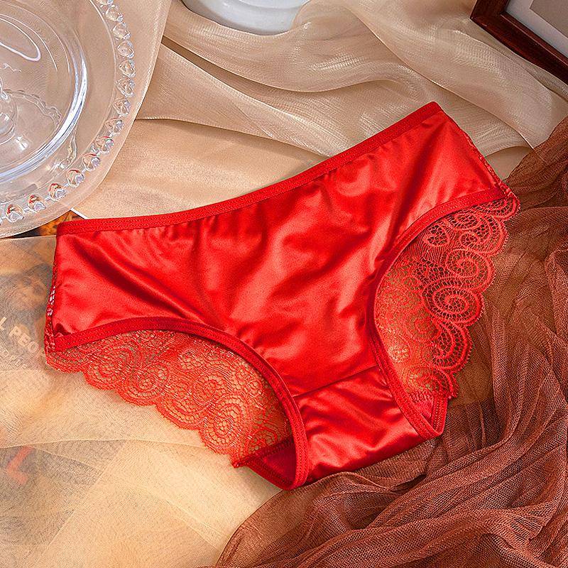 Damen-Slip mit Schleife, mittlerer Taille, Satin, einfarbig, Spaghettiträger, Spitzen-Slip, ausgehöhlt, nahtlos XL rot von Joom DACH