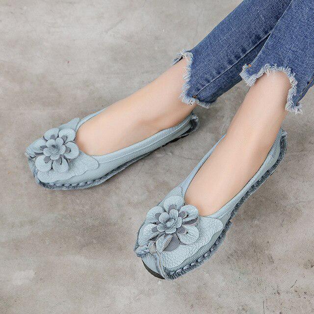 Damen-Slipper, echtes Spaltleder, flache Absätze, Blumen-runde Zehenpartie, weiche, feste Sandalen, Plattform-Damenschuhe 40 blau von Joom DACH