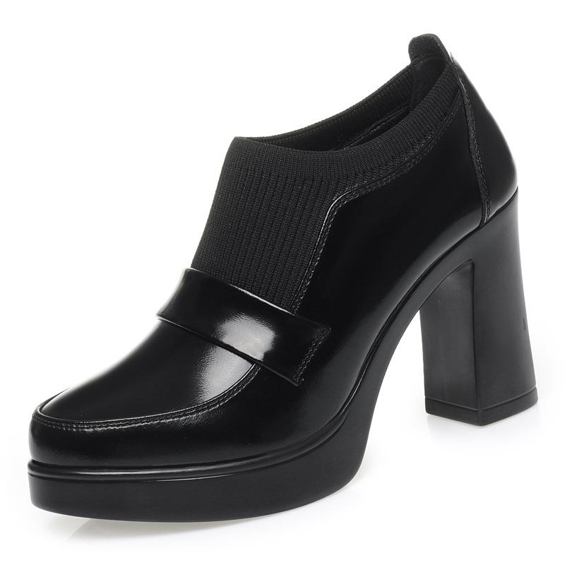 Damen Slipper mit einem Pedal, High Heel, Schuhe aus weichem Leder, Neu, dicker Boden, Britischer Stil, elastische Öffnung, klobige Absatzschuhe 36 von Joom DACH