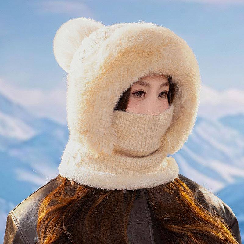 Damen Slouchy Fleece Beanie Kaschmir Pelzmütze Mütze Schal Maske Kordelzug Warme Kapuze Winter Sturmhaube Pullover Strickmütze one size beige von Joom DACH