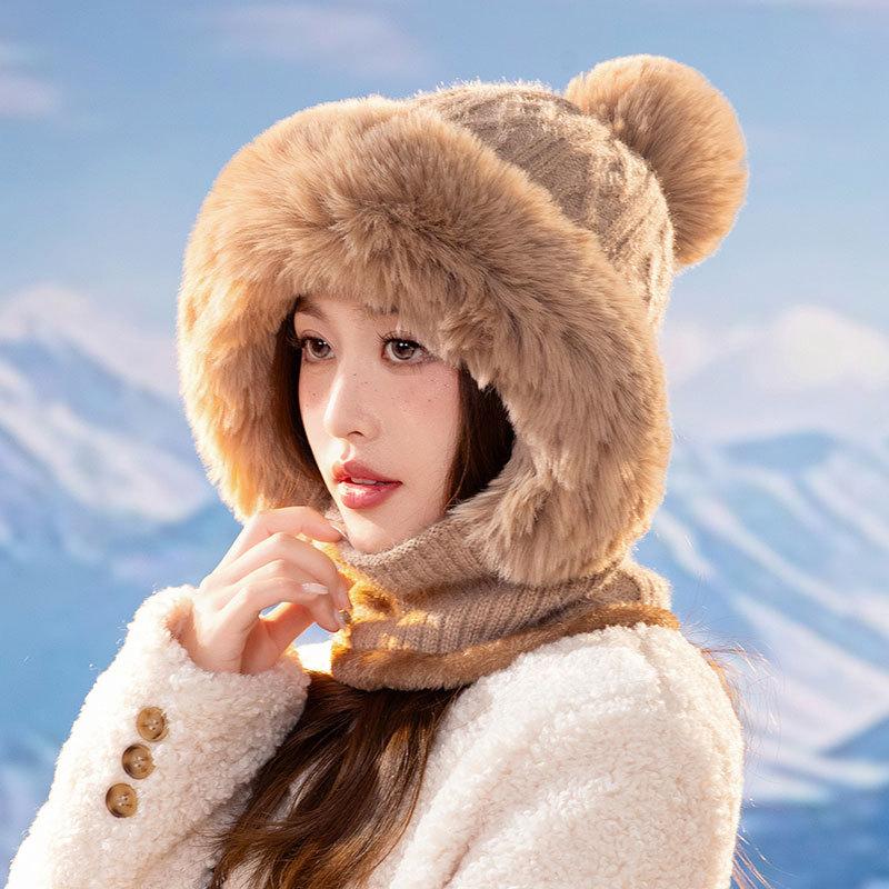 Damen Slouchy Fleece Beanie Kaschmir Pelzmütze Mütze Schal Maske Kordelzug Warme Kapuze Winter Sturmhaube Pullover Strickmütze one size khaki von Joom DACH