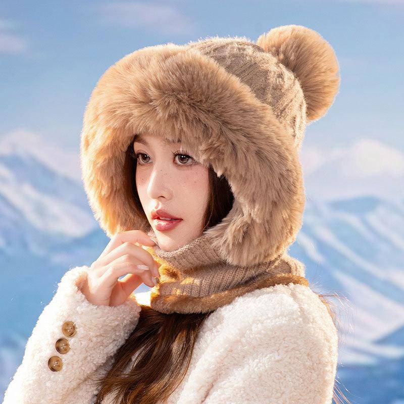 Damen Slouchy Fleece Beanie Kaschmir Pelzmütze Mütze Schal Maske Kordelzug Warme Kapuze Winter Sturmhaube Pullover Strickmütze one size khaki von Joom DACH