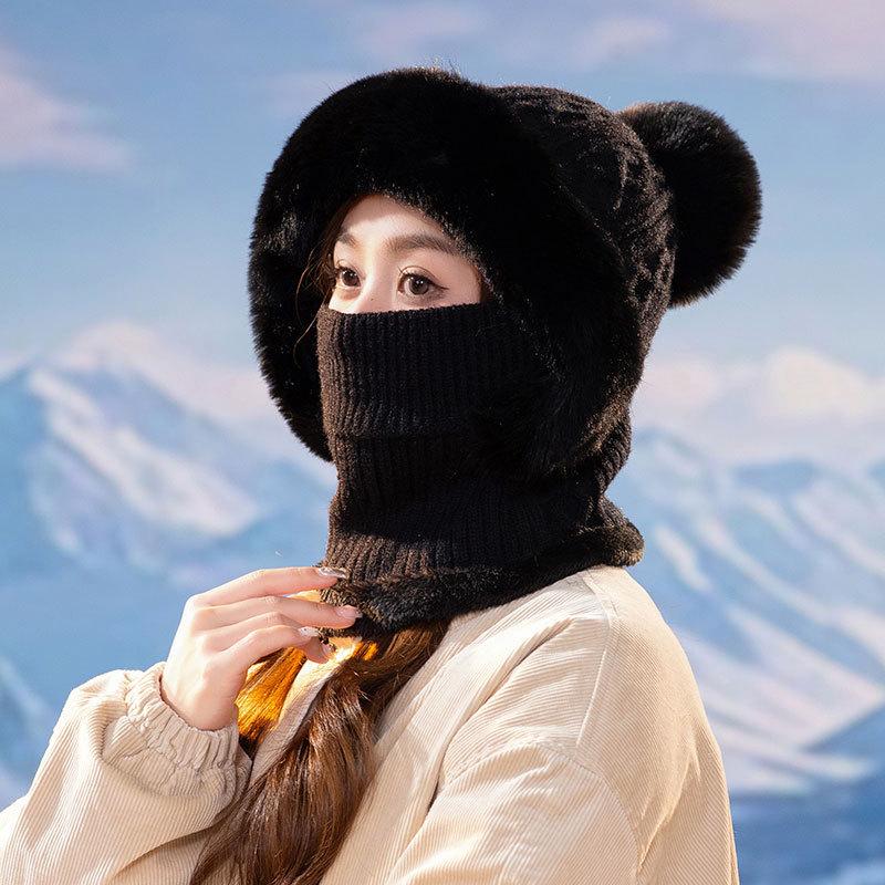 Damen Slouchy Fleece Beanie Kaschmir Pelzmütze Mütze Schal Maske Kordelzug Warme Kapuze Winter Sturmhaube Pullover Strickmütze one size schwarz von Joom DACH