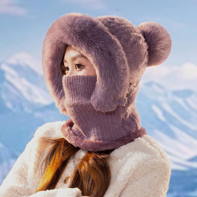 Damen Slouchy Fleece Beanie Kaschmir Pelzmütze Mütze Schal Maske Kordelzug Warme Kapuze Winter Sturmhaube Pullover Strickmütze one size violett von Joom DACH