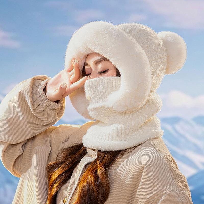 Damen Slouchy Fleece Beanie Kaschmir Pelzmütze Mütze Schal Maske Kordelzug Warme Kapuze Winter Sturmhaube Pullover Strickmütze one size weiß von Joom DACH