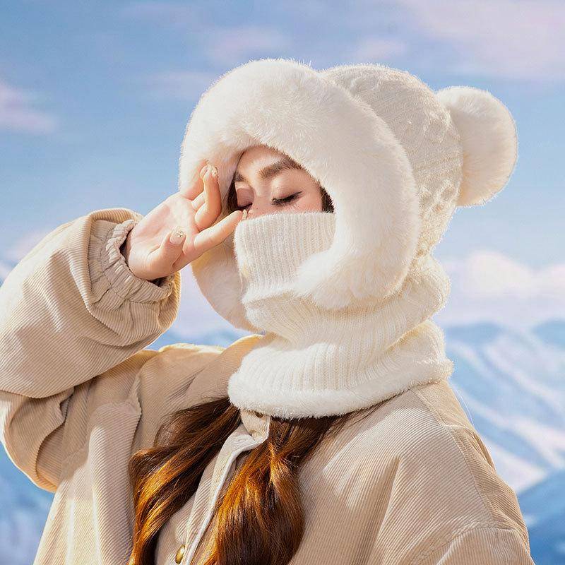 Damen Slouchy Fleece Beanie Kaschmir Pelzmütze Mütze Schal Maske Kordelzug Warme Kapuze Winter Sturmhaube Pullover Strickmütze one size weiß von Joom DACH