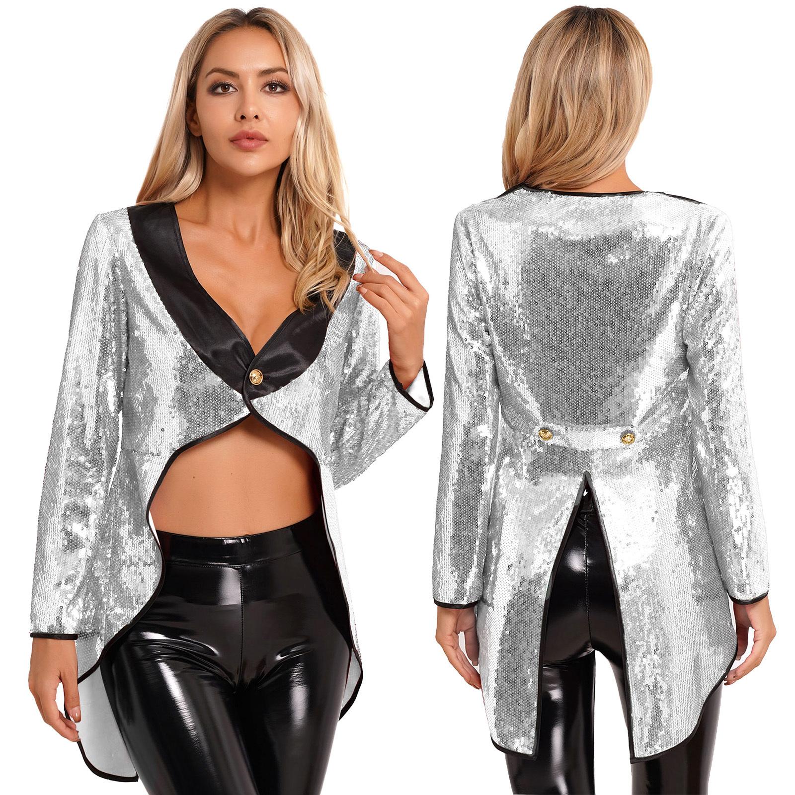 Damen-Smoking-Oberbekleidung, Zirkus-Zirkusdirektor, Halloween-Kostüme, Frack, Jacke, glitzerndes Pailletten-Zaubererkleid mit einem Knopf S silber von Joom DACH