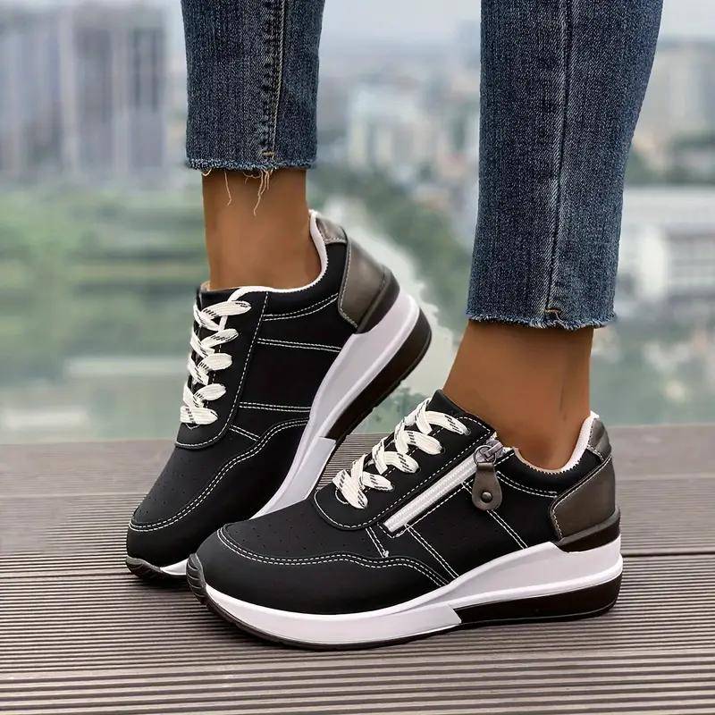 Damen-Sneaker, Sportschuhe mit Schnürung und seitlichem Reißverschluss, lässige Outdoor-Wanderschuhe 38 schwarz von Joom DACH
