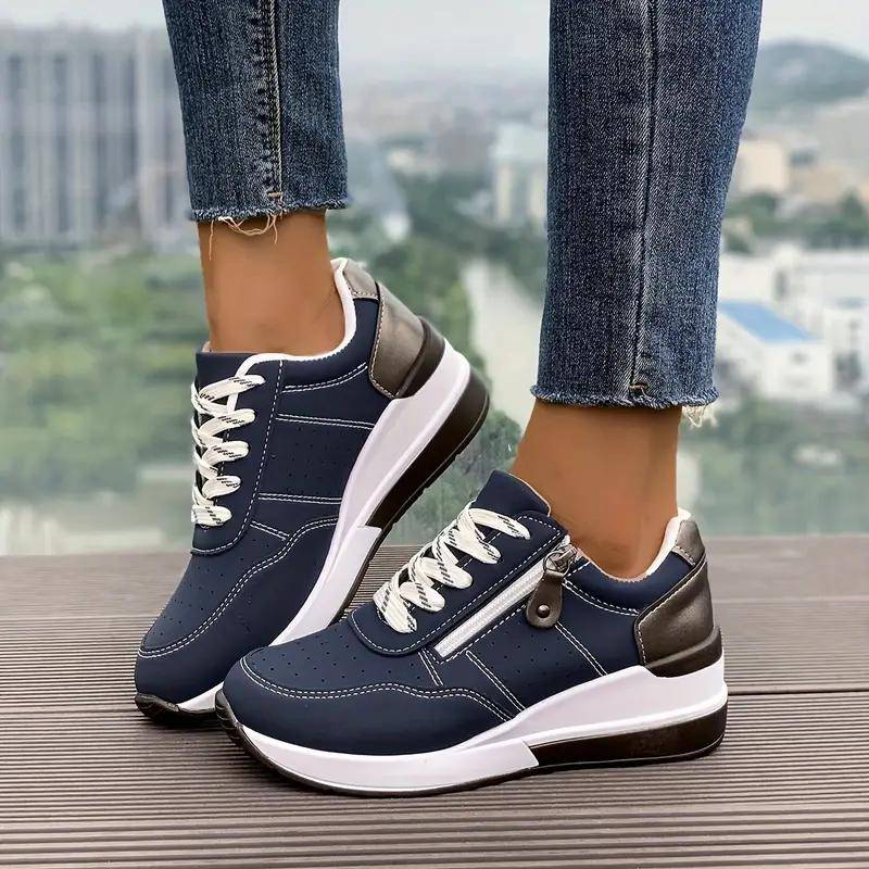Damen-Sneaker, Sportschuhe mit Schnürung und seitlichem Reißverschluss, lässige Outdoor-Wanderschuhe 40 navy blau von Joom DACH