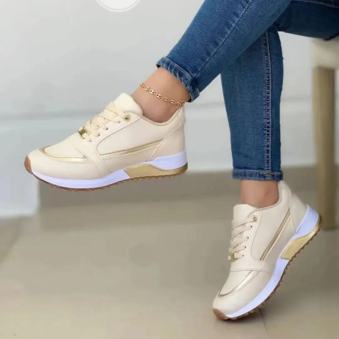 Damen-Sneaker im Angebot, modische flache Plateauschuhe mit runder Spitze, lässige Mischfarben, Schnür-Sneaker, Outdoor-Laufschuhe für Damen 36 apricot von Joom DACH