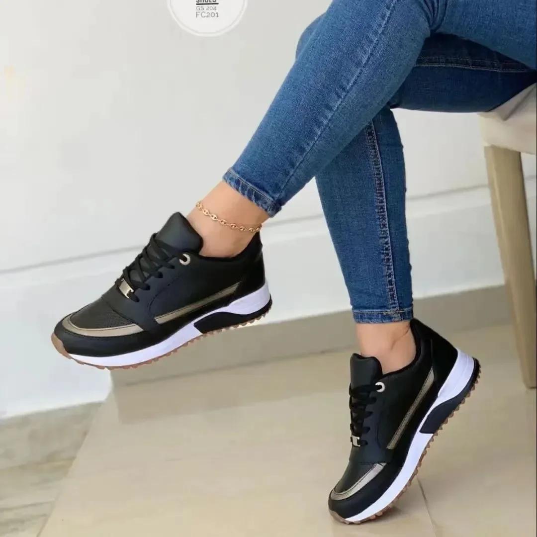 Damen-Sneaker im Angebot, modische flache Plateauschuhe mit runder Spitze, lässige Mischfarben, Schnür-Sneaker, Outdoor-Laufschuhe für Damen 39 schwarz von Joom DACH