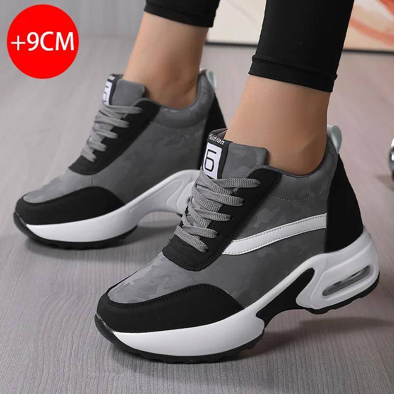Damen Sneaker mit Luftpolster-Einlegesohle, erhöhte Höhe, Sportschuhe, hoher Schaft, Outdoor-Wanderschuhe 38 grau von Joom DACH