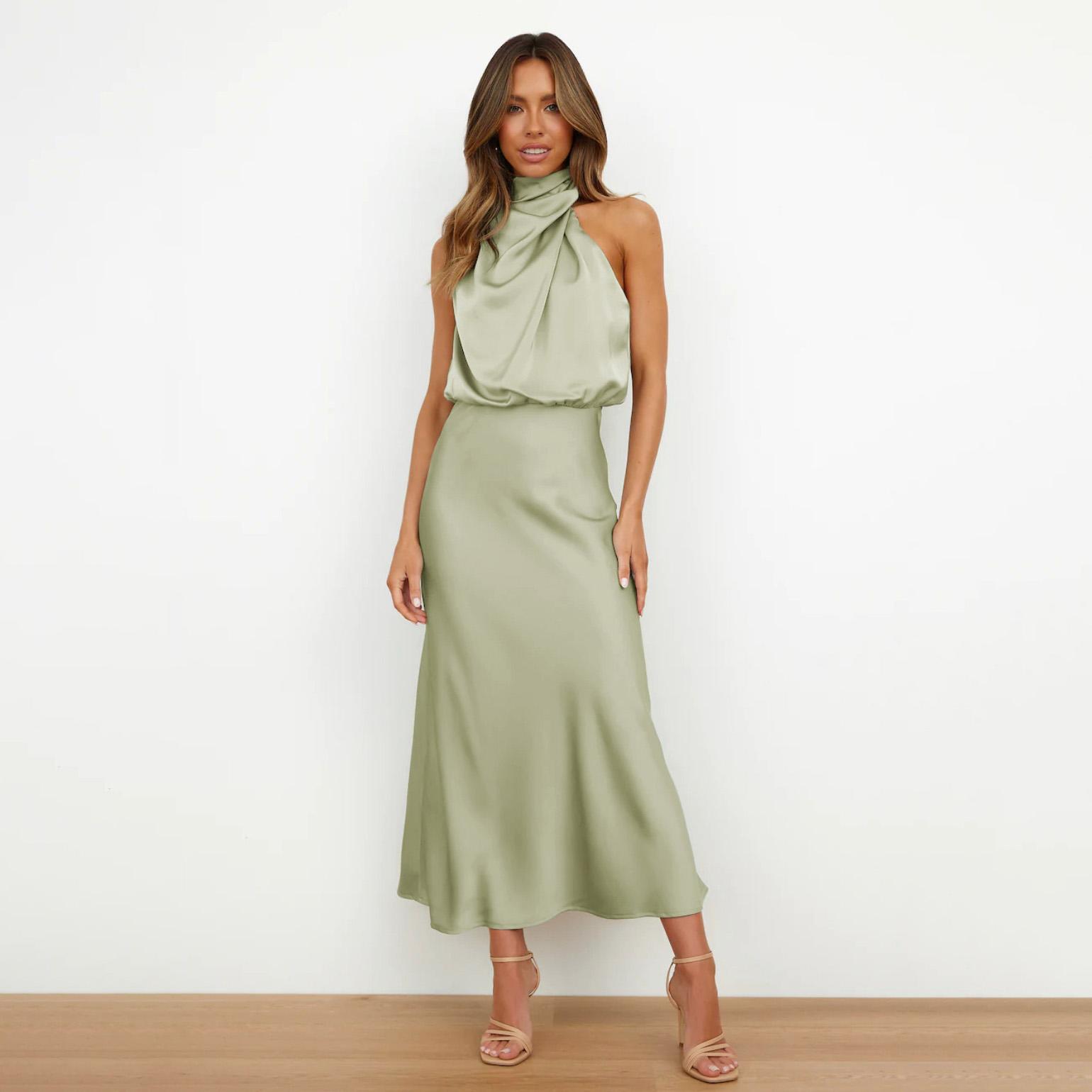 Damen-Sommer-Abendkleid, ärmellos, elegant, Neckholder, A-Linie, hohe Taille, lange Kleider, einfarbig L hellgrüne Damen-Sommer-Abendkleid, ärmellos, elegant, Neckholder, A-Linie, hohe Taille, lange Kleider, einfarbig L hellgrüne von Joom DACH