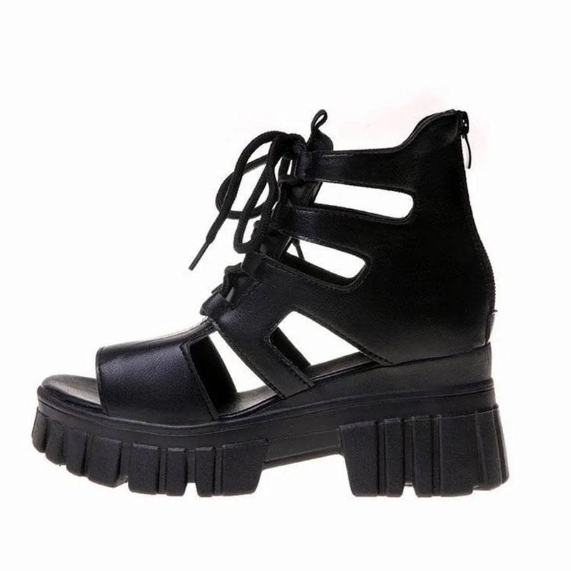 Damen Sommer Aushöhlen Atmungsaktive Römische Sandalen Damen Übergröße Allround High-Heel Plateau Schwarze Sandalen 35 schwarz von Joom DACH