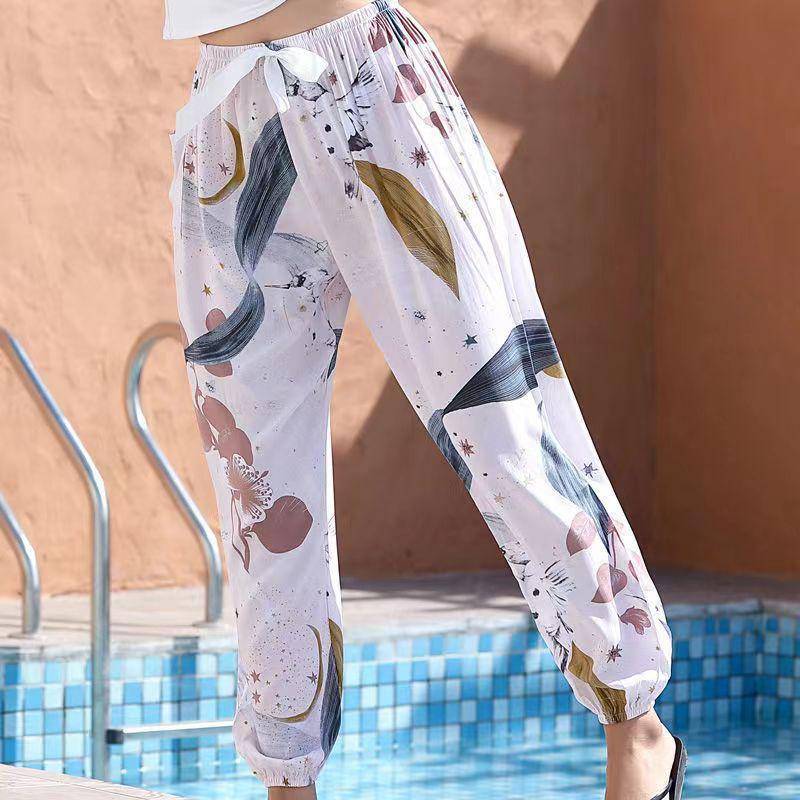 Damen Sommer Baumwolle Seide Anti-Mücken Lose Strand Pumphose Pyjama Hose One Size (90-140lbs) von Joom DACH