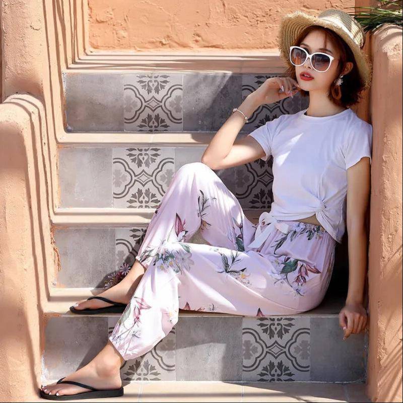 Damen Sommer Baumwolle Seide Anti-Mücken Lose Strand Pumphose Pyjama Hose One Size (90-140lbs) von Joom DACH