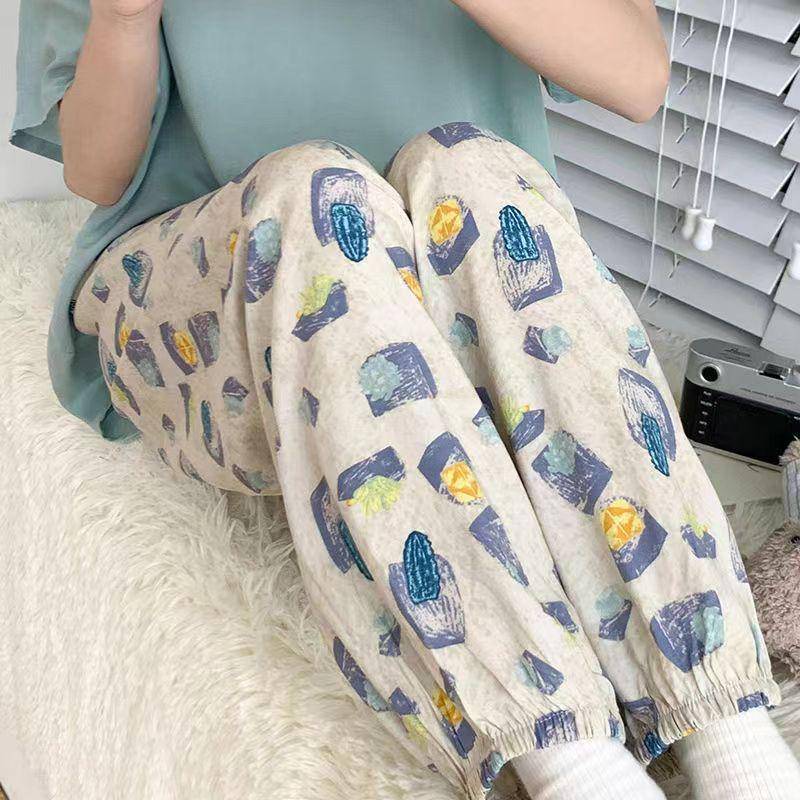 Damen Sommer Baumwolle Seide Anti-Mücken Lose Strand Pumphose Pyjama Hose Plus Size (120-160lbs) von Joom DACH