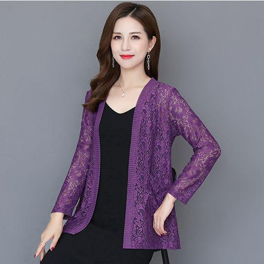 Damen-Sommer-Cardigan aus dünner Spitze, langärmelige Jacke, Schal, Übergröße, äußerer passender Rock 3XL violett von Joom DACH