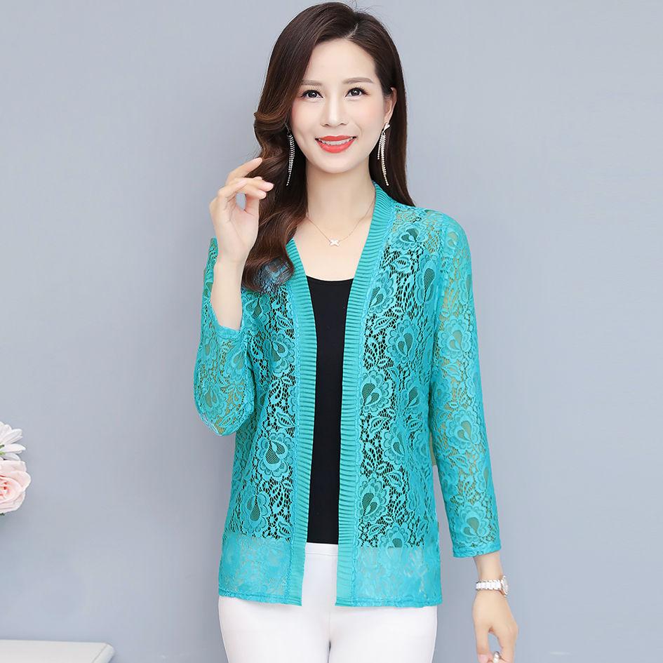 Damen-Sommer-Cardigan aus dünner Spitze, langärmelige Jacke, Schal, Übergröße, äußerer passender Rock 6XL himmelblaue von Joom DACH