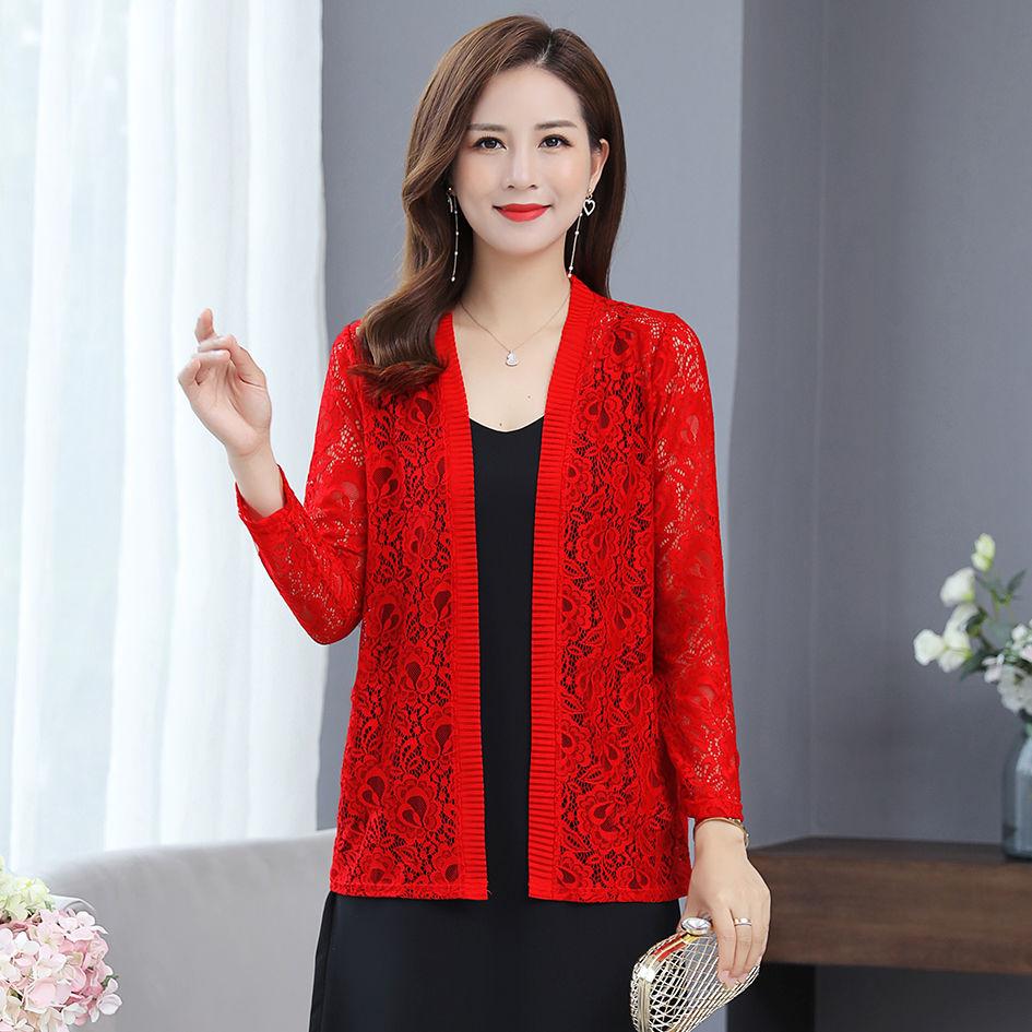 Damen-Sommer-Cardigan aus dünner Spitze, langärmelige Jacke, Schal, Übergröße, äußerer passender Rock XL rot von Joom DACH