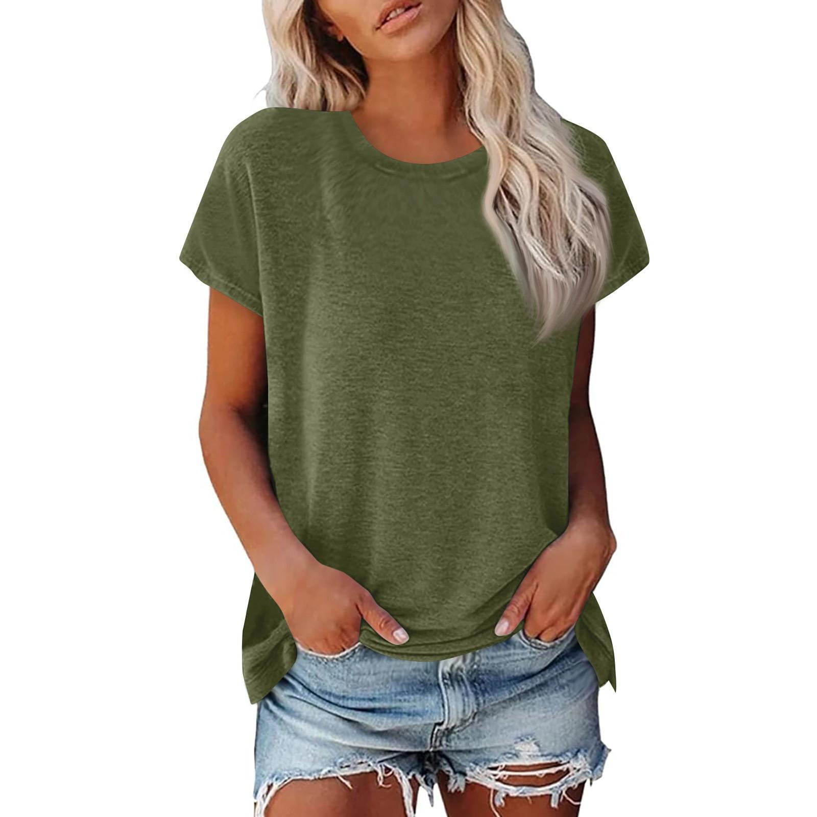 Damen Sommer Casual Basic T-Shirt Rundhals Einfarbig Oberteile Baumwolle Casual Damen Kurzarm Oberteile Tops Sportshirt L armee grüne von Joom DACH