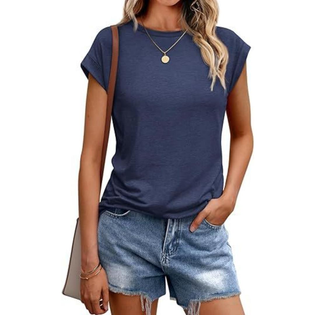 Damen Sommer Casual Basic T-Shirt Rundhals Einfarbig Oberteile Baumwolle Casual Damen Kurzarm Oberteile Tops Sportshirt M navy blau von Joom DACH