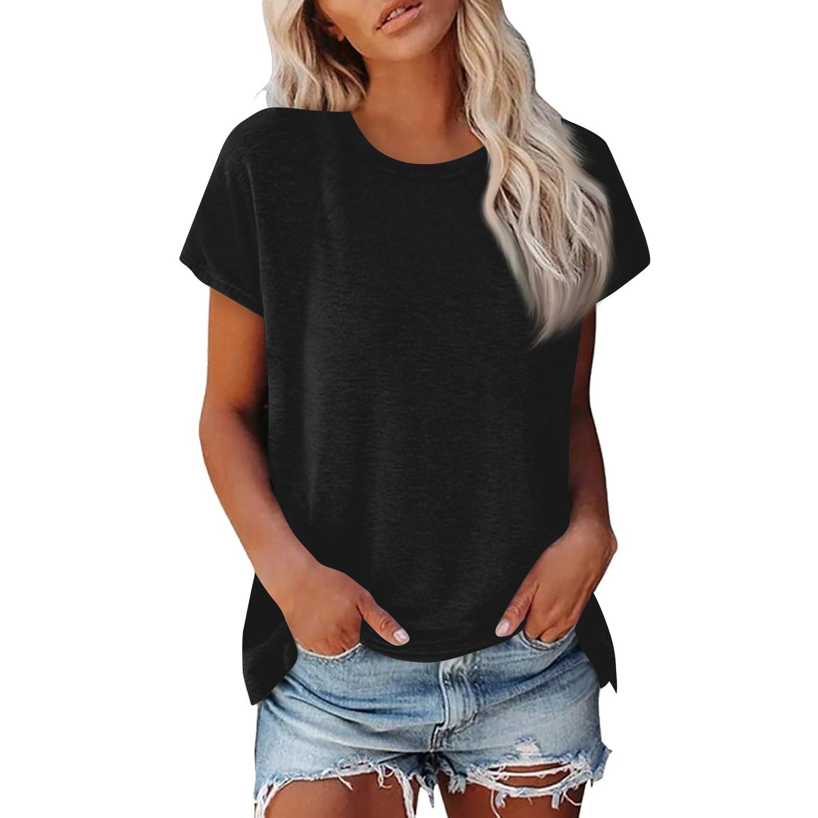 Damen Sommer Casual Basic T-Shirt Rundhals Einfarbig Oberteile Baumwolle Casual Damen Kurzarm Oberteile Tops Sportshirt M schwarz von Joom DACH