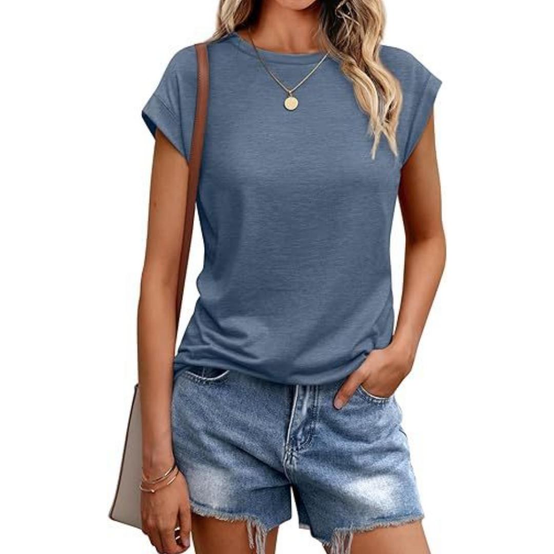Damen Sommer Casual Basic T-Shirt Rundhals Einfarbig Oberteile Baumwolle Casual Damen Kurzarm Oberteile Tops Sportshirt M blau von Joom DACH