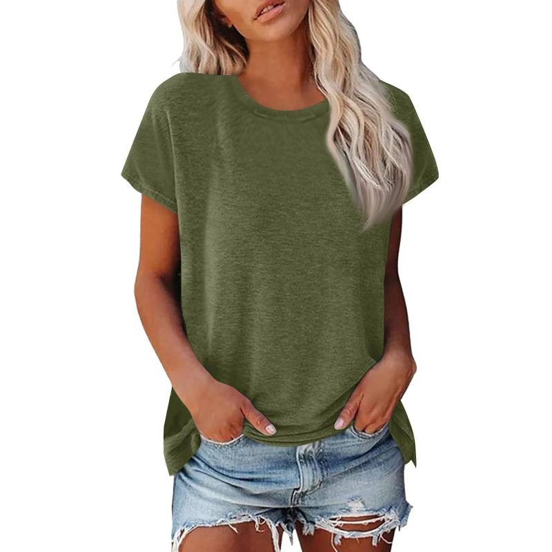 Damen Sommer Casual Basic T-Shirt Rundhals Einfarbig Oberteile Baumwolle Casual Damen Kurzarm Oberteile Tops Sportshirt M armee grüne von Joom DACH