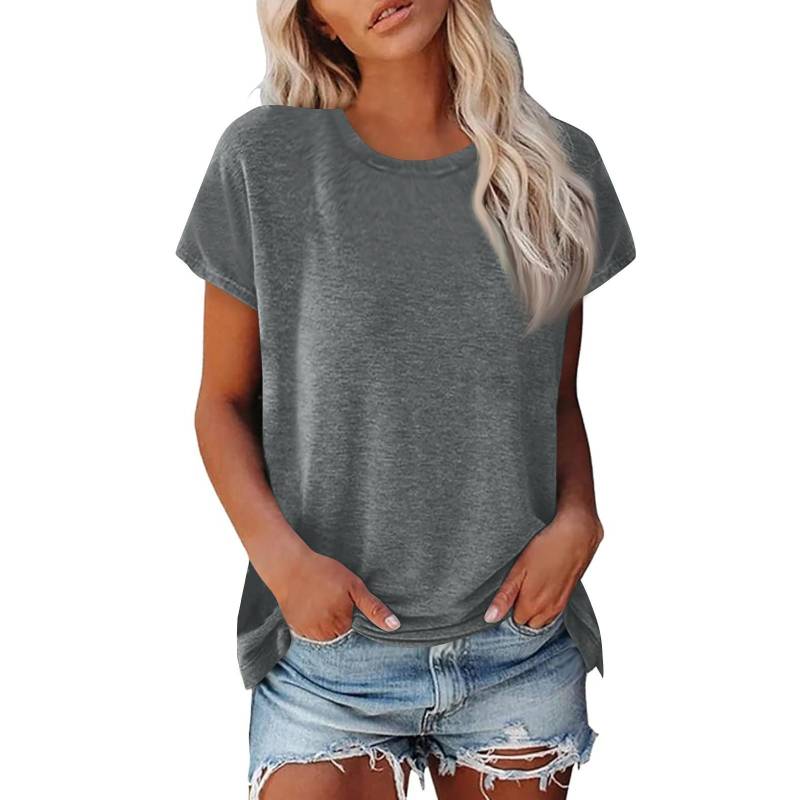 Damen Sommer Casual Basic T-Shirt Rundhals Einfarbig Oberteile Baumwolle Casual Damen Kurzarm Oberteile Tops Sportshirt M hellgrau von Joom DACH