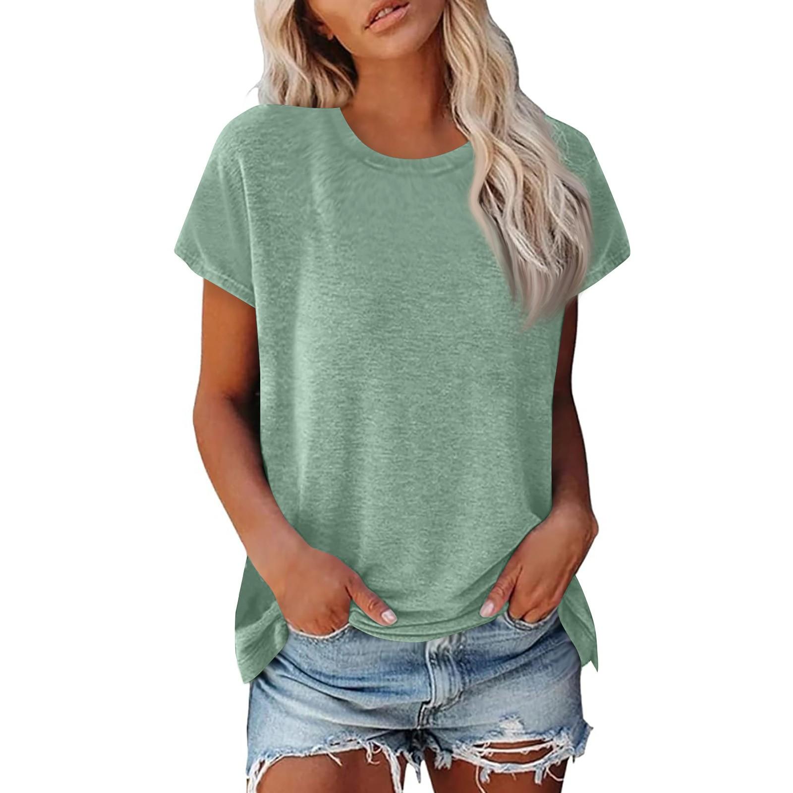 Damen Sommer Casual Basic T-Shirt Rundhals Einfarbig Oberteile Baumwolle Casual Damen Kurzarm Oberteile Tops Sportshirt XL von Joom DACH