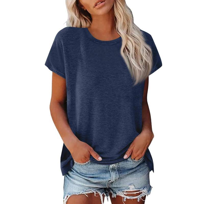 Damen Sommer Casual Basic T-Shirt Rundhals Einfarbig Oberteile Baumwolle Casual Damen Kurzarm Oberteile Tops Sportshirt XXL dunkelblau von Joom DACH