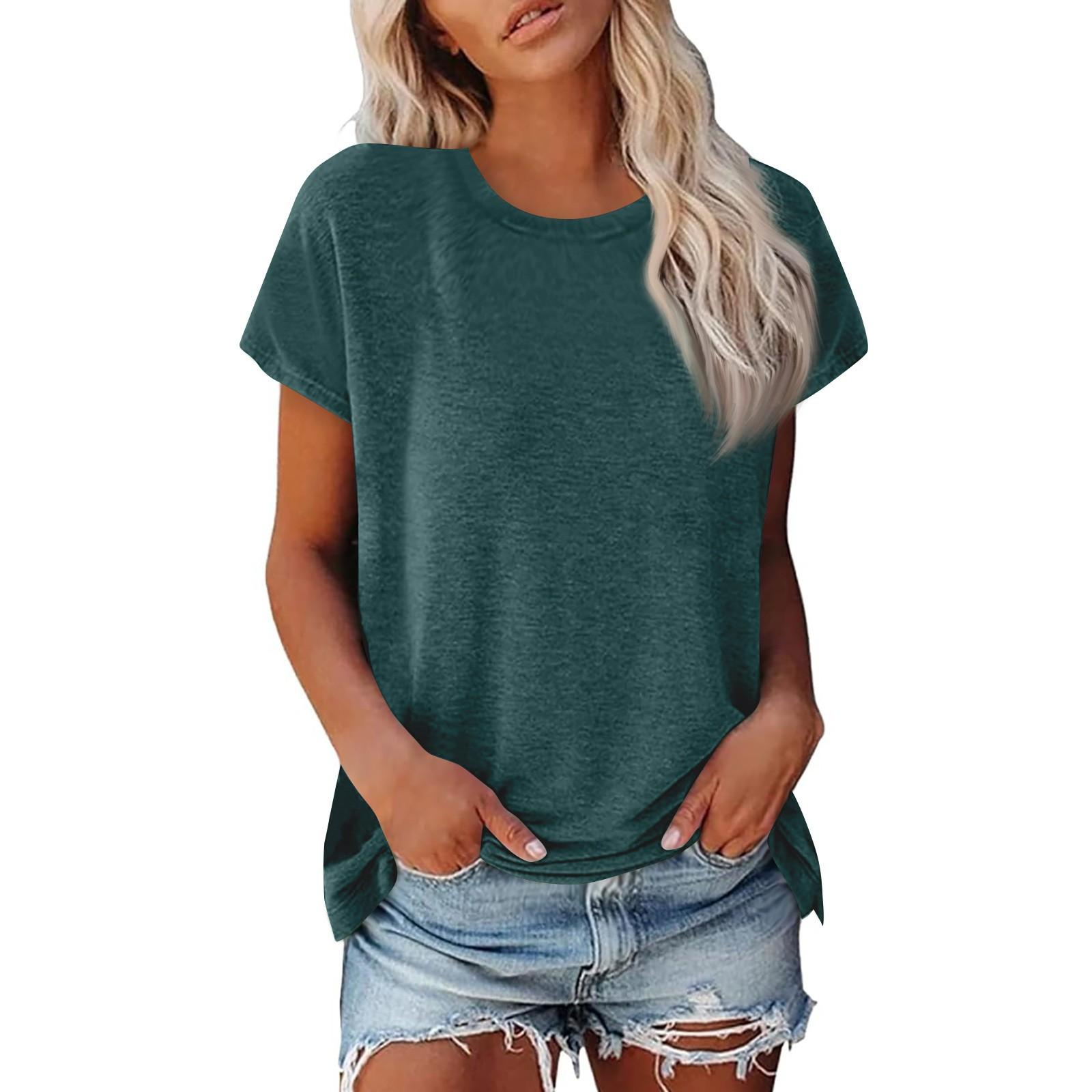Damen Sommer Casual Basic T-Shirt Rundhals Einfarbig Oberteile Baumwolle Casual Damen Kurzarm Oberteile Tops Sportshirt XXXL dunkelgrüne von Joom DACH