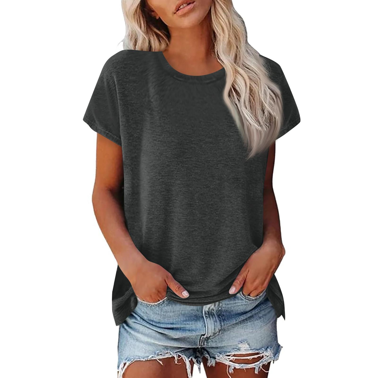 Damen Sommer Casual Basic T-Shirt Rundhals Einfarbig Oberteile Baumwolle Casual Damen Kurzarm Oberteile Tops Sportshirt XXXL von Joom DACH
