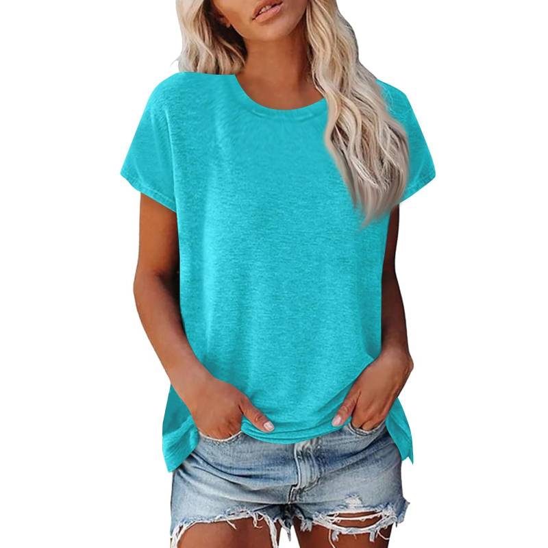 Damen Sommer Casual Basic T-Shirt Rundhals Einfarbig Oberteile Baumwolle Casual Damen Kurzarm Oberteile Tops Sportshirt XXXXL cyanblau von Joom DACH