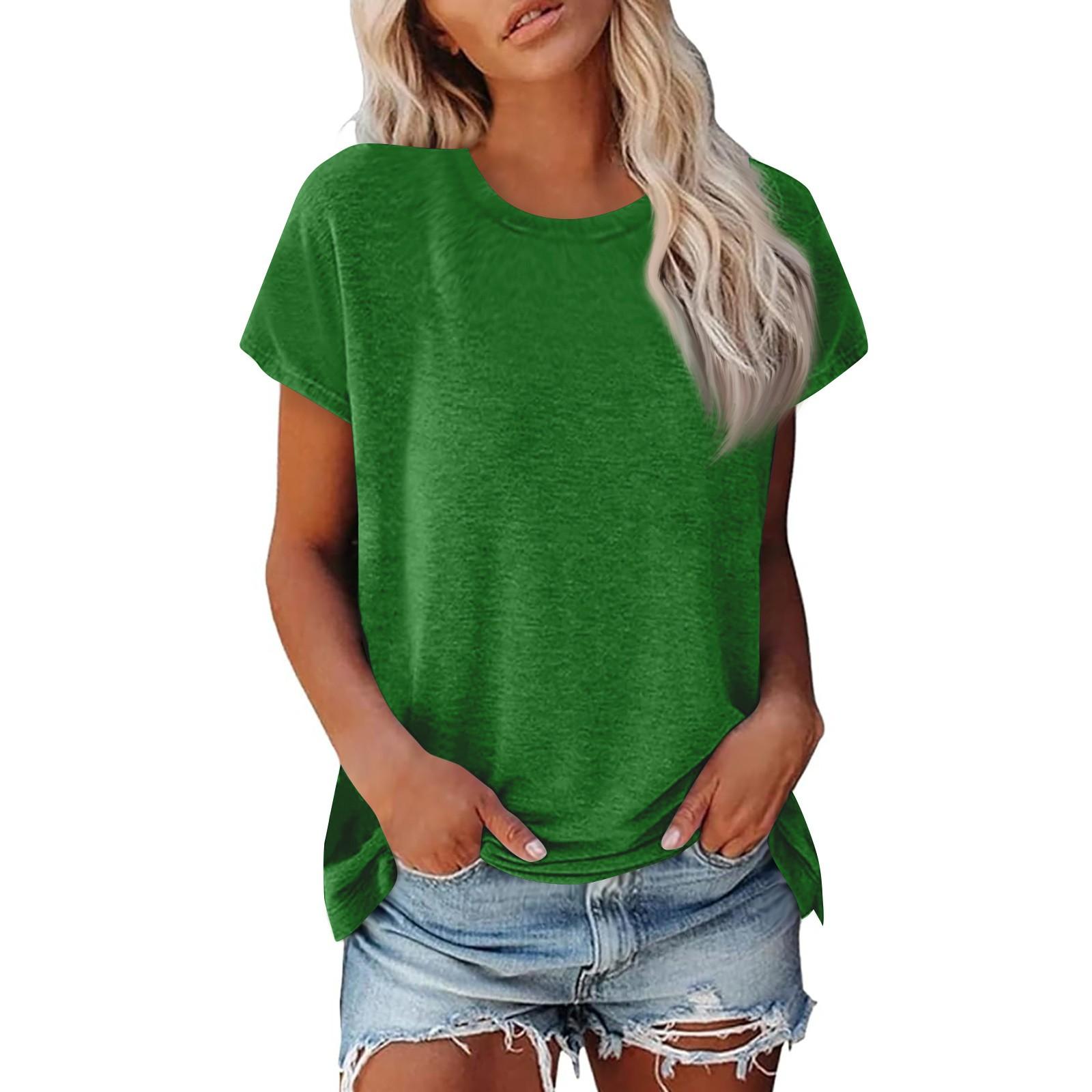 Damen Sommer Casual Basic T-Shirt Rundhals Einfarbig Oberteile Baumwolle Casual Damen Kurzarm Oberteile Tops Sportshirt XXXXL grün von Joom DACH