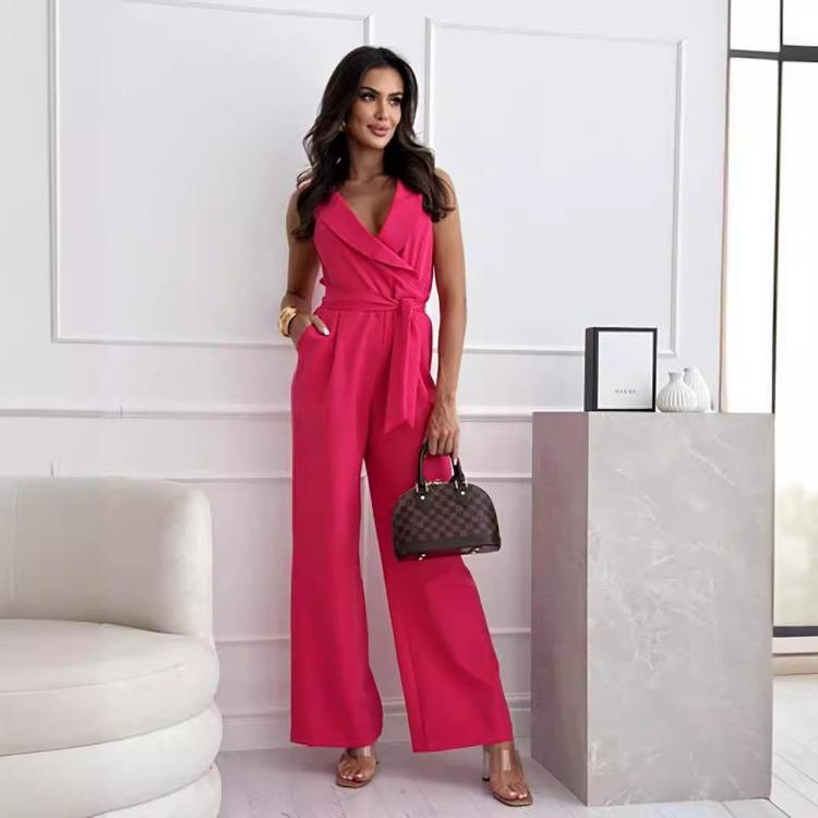 Damen Sommer Casual V-Ausschnitt Ärmelloser Jumpsuit Hohe Taille Weites Bein Hose Einfarbig Gürtel Größen S-XXL M rot von Joom DACH