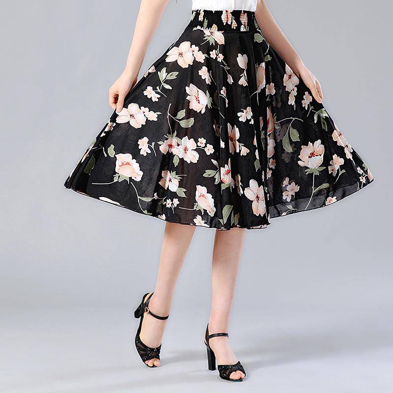 Damen Sommer-Faltenrock aus Eisseide mit Blumenmuster – mittellang mit elastischer Taille One Size von Joom DACH