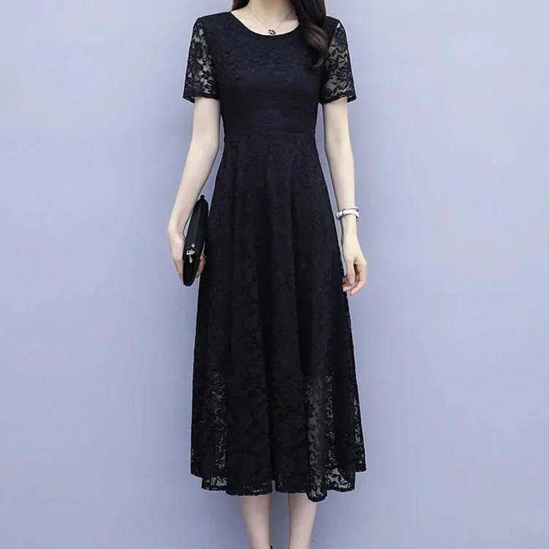 Damen Sommer Kurzarm Aushöhlen Spitzenkleid Slim Rundhals A-Linie Midikalb Kleider 5XL schwarz von Joom DACH