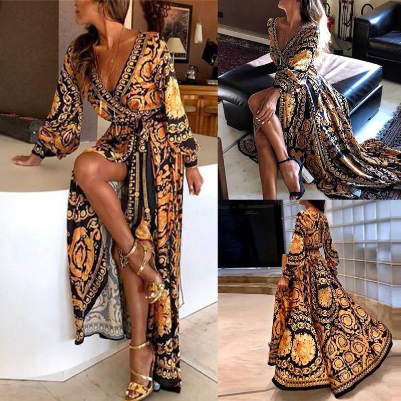 Damen Sommer Langarm V-Ausschnitt Open Fork Retro Print Maxi Party Abendkleid M gold von Joom DACH