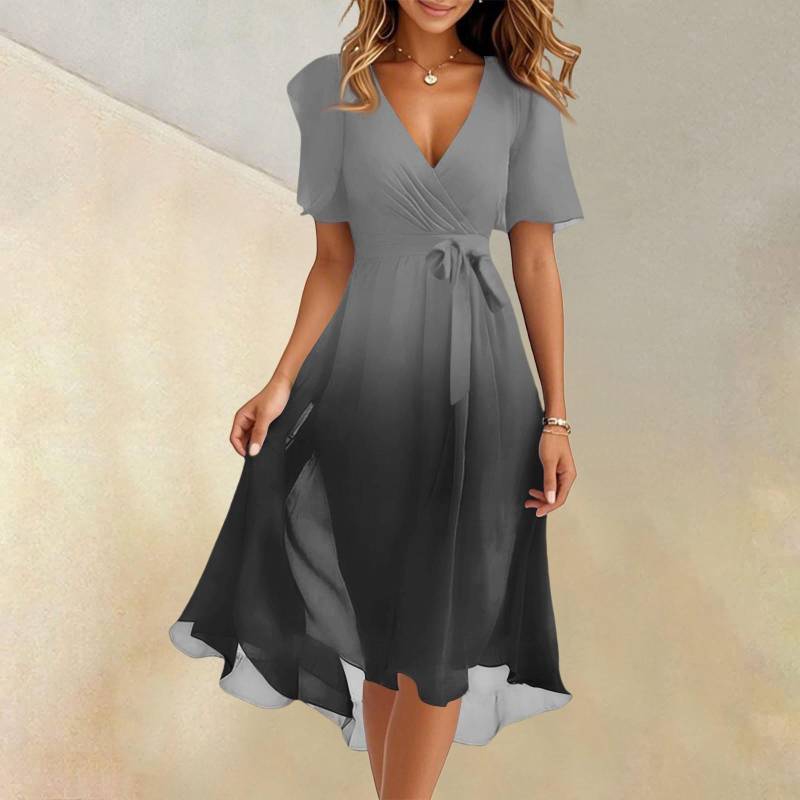 Damen Sommer Mode V-Ausschnitt Ausgestelltes Kleid Kurzarm Farbverlauf Kleider XL schwarz von Joom DACH