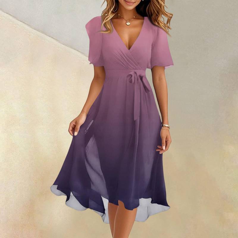 Damen Sommer Mode V-Ausschnitt Ausgestelltes Kleid Kurzarm Farbverlauf Kleider XL violett von Joom DACH