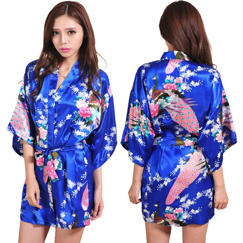 Damen Sommer Nachthemd Seide Kimono Lockere Strickjacke Robe Bedruckt Pfau Pfingstrose Kurz Täglich Morgen Robe L von Joom DACH