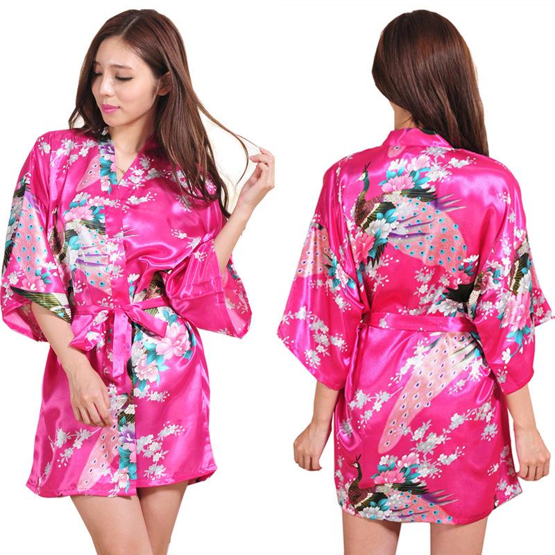 Damen Sommer Nachthemd Seide Kimono Lockere Strickjacke Robe Bedruckt Pfau Pfingstrose Kurz Täglich Morgen Robe XL von Joom DACH
