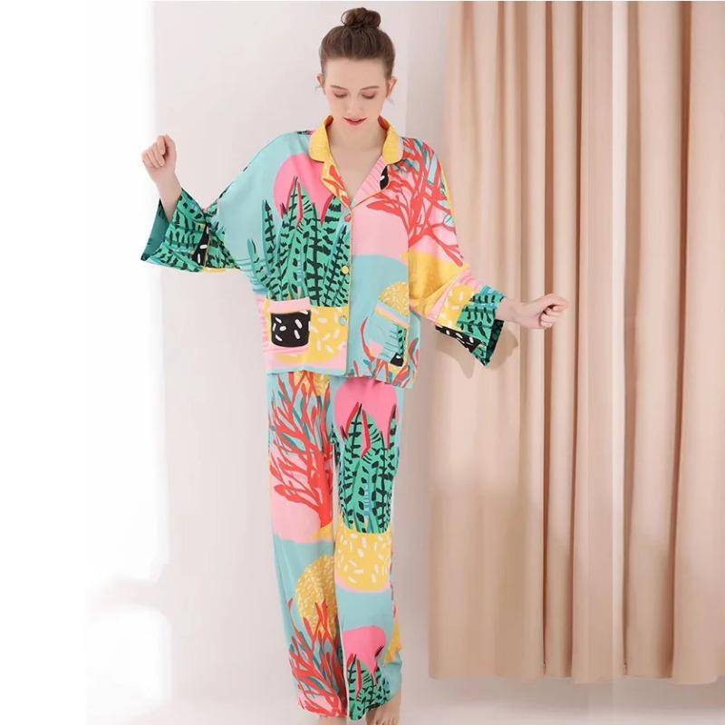 Damen Sommer Nachtwäsche mit Fledermausärmeln und Pflanzendruck, Satin, Übergröße, Pyjama-Set, 2-teilig mit Shorts, Seiden-Pijama-Anzug für Damen L von Joom DACH