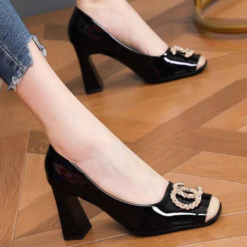 Damen Sommer Neu PU Leder Mode Blockabsatz Sandalen Outdoor Lässig Bequem Büro Damen High Heels De Mujer 38 schwarz von Joom DACH