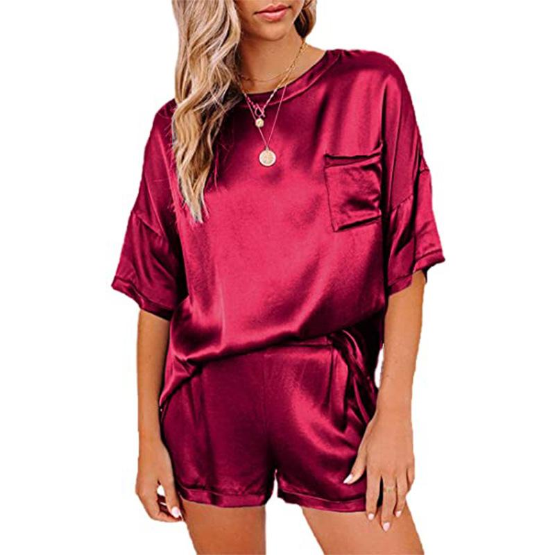 Damen Sommer Neue Einfarbig Satin Pyjamas Home Service Kurzarm Shorts Unregelmäßigen Zwei-stück Anzug S rot von Joom DACH