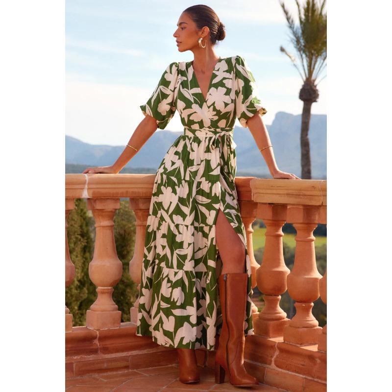 Damen Sommer Neues Schlitz V-Ausschnitt Kurzarmkleid Bedruckter Gürtel XL grün von Joom DACH