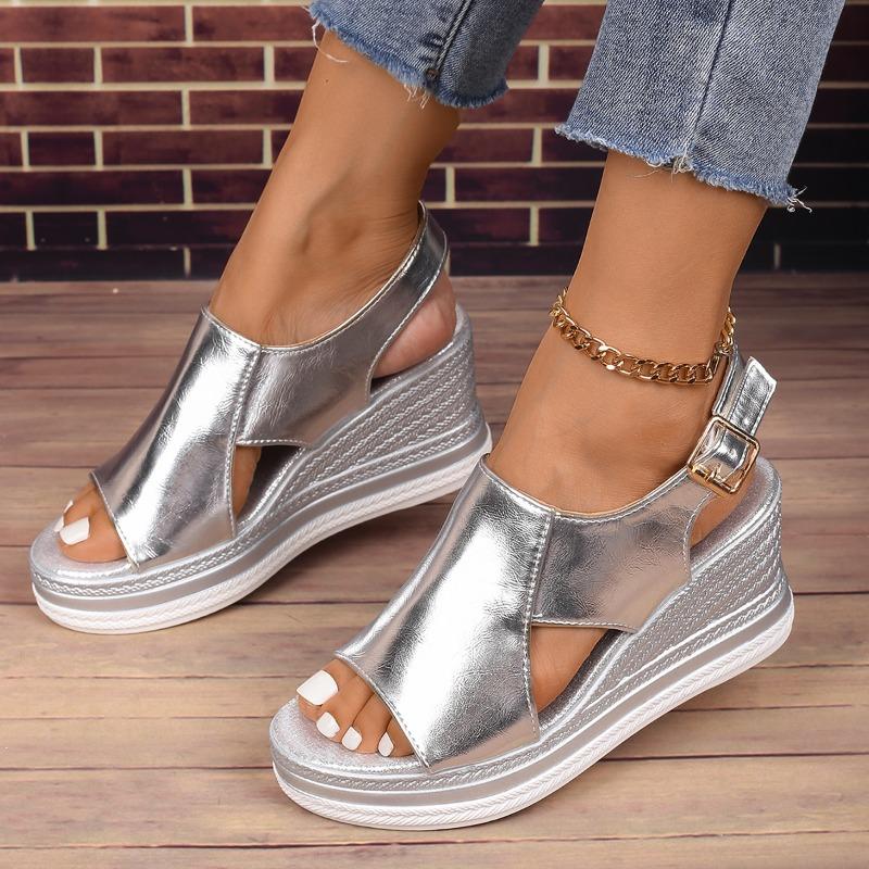 Damen Sommer Peeptoe Keilsandalen Riemchen mit Schnalle Plateau Sandalen Damenmode Dicke Sohle Sandalias Römerschuhe 41 silber von Joom DACH