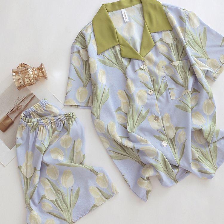 Damen Sommer Pyjama Shorts Set Lässiges Damen Kurzarm Oberteil und Shorts Hauskleidung Blumenmuster Pyjama Set M von Joom DACH